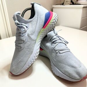 Nike Epic React Fly knit running shoes Light Gray Athletic Shoes, Hydrogen Blue